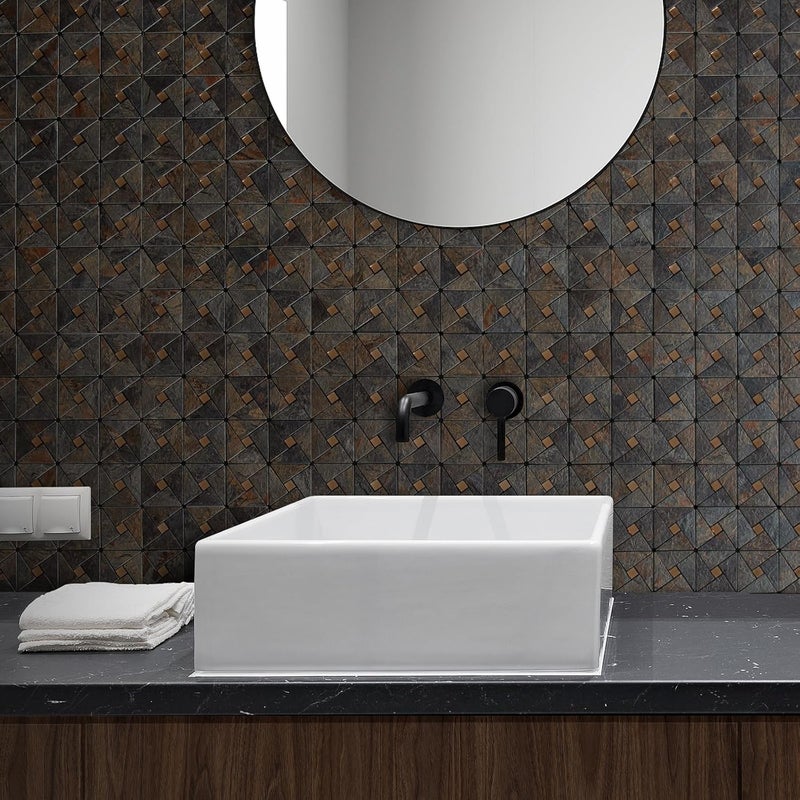 DICOFUN 1 Sheet Rustic Slate Look Peel and Stick Backsplash Tile, Mixed Glass Self-Adhesive Mosaic Tiles, Stainless Steel Stick on Wall Tiles for Kitchen and Bathroom Backspalsh, Mirror Decor - Image 5